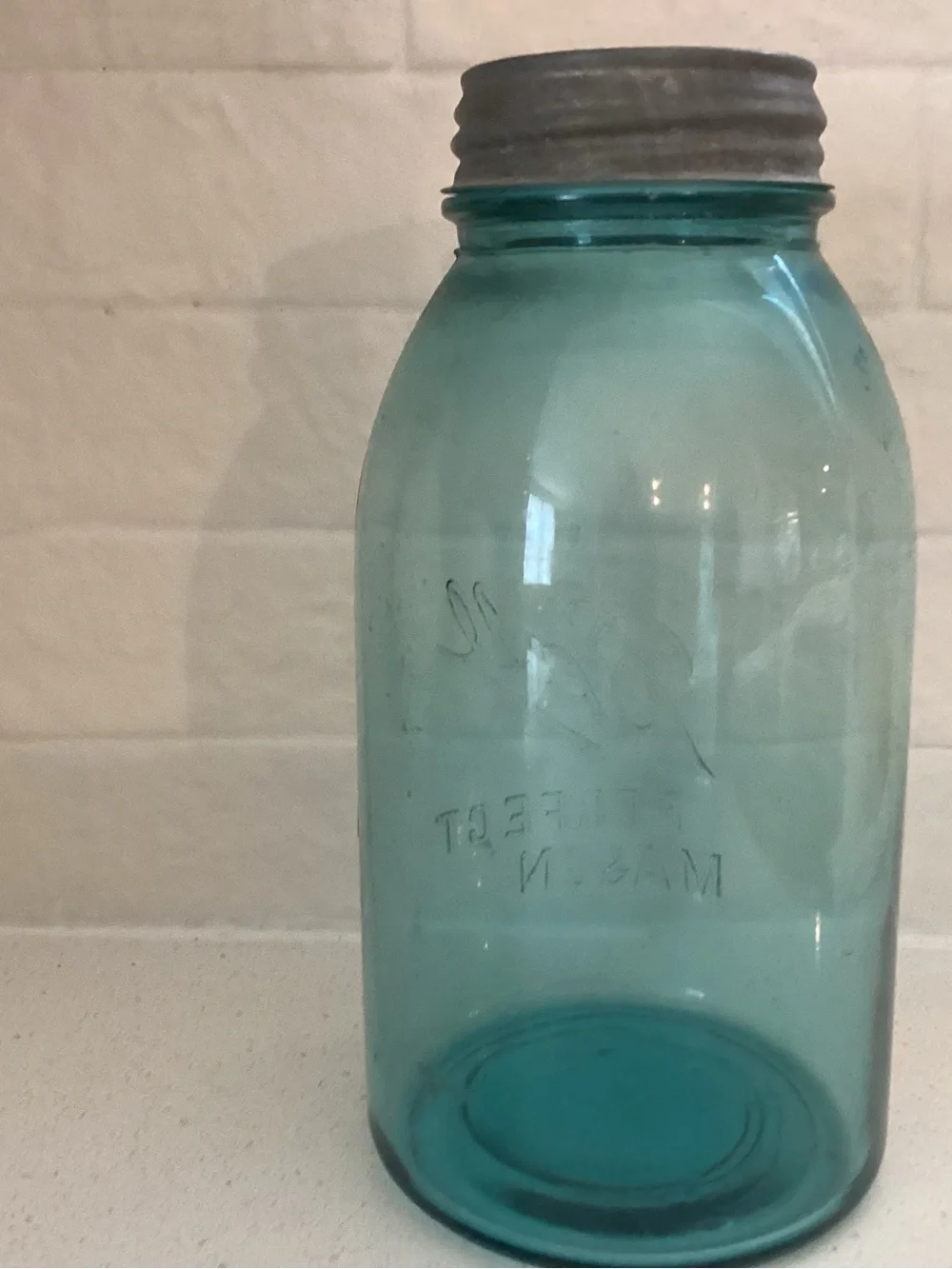 Vtg. Aqua Blue Ball Perfect Mason glass embossed jar with Scripto logo. 2qt.